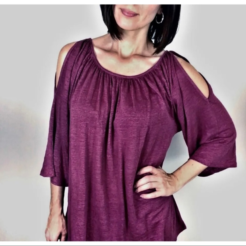 Soft Surroundings Women Sz M Purple Eggplant 100% Linen Cold Shoulder Blouse Top